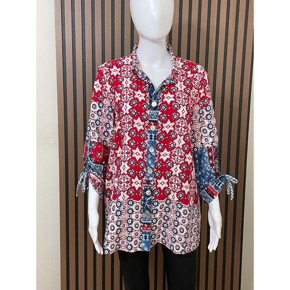 John Mark Women's M Red Button Up Rayon Tunic Shirt Floral Tie Sleeve Bohemian - Picture 1 of 9